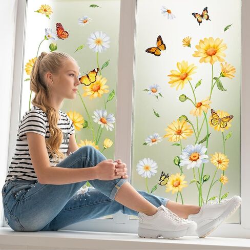 FYSUIMU 9 Sheets Spring Summer Daisy Window Cling Sticker White Yellow Floral Butterfly Reusable Double-Side Window Decals for Home Office Classroom Party Shop Decorations in Kuwait