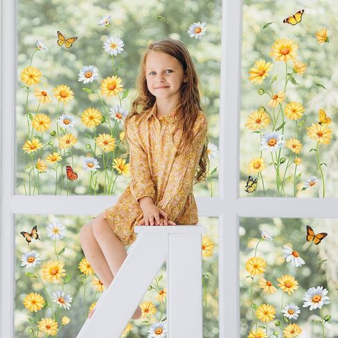 FYSUIMU 9 Sheets Spring Summer Daisy Window Cling Sticker White Yellow Floral Butterfly Reusable Double-Side Window Decals for Home Office Classroom Party Shop Decorations in Kuwait
