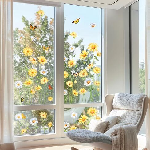 FYSUIMU 9 Sheets Spring Summer Daisy Window Cling Sticker White Yellow Floral Butterfly Reusable Double-Side Window Decals for Home Office Classroom Party Shop Decorations in Kuwait