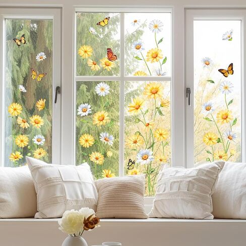 FYSUIMU 9 Sheets Spring Summer Daisy Window Cling Sticker White Yellow Floral Butterfly Reusable Double-Side Window Decals for Home Office Classroom Party Shop Decorations in Kuwait