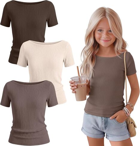 3 Pack Girls Shirts Cotton Basic Tees Ribbed Knit Slim Fit T Shirts Boat Neck Tops Casual for Kids Ages 5-14 in Kuwait