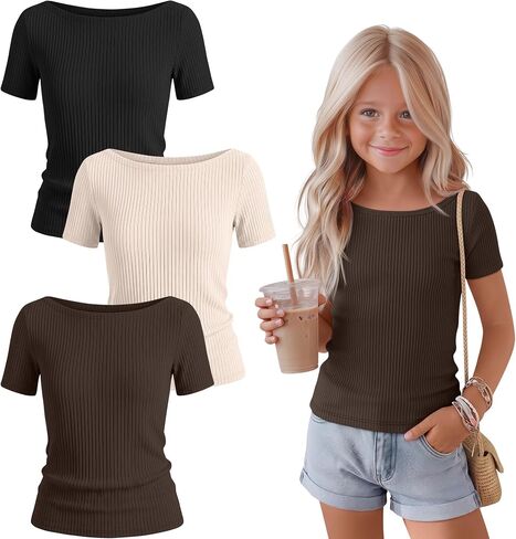 3 Pack Girls Shirts Cotton Basic Tees Ribbed Knit Slim Fit T Shirts Boat Neck Tops Casual for Kids Ages 5-14 in Saudi Arabia