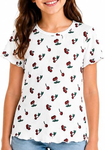 Girls Cherry Print T‑Shirt Cute Summer Top, Ribbed Knit Tee for Kids 7‑14Y, Short Sleeve Fashion Casual Everyday in Saudi Arabia