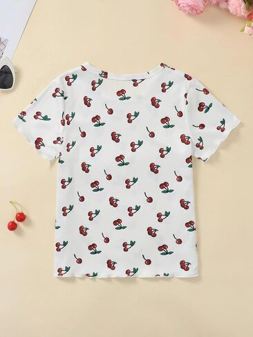 Girls Cherry Print T‑Shirt Cute Summer Top, Ribbed Knit Tee for Kids 7‑14Y, Short Sleeve Fashion Casual Everyday in Saudi Arabia