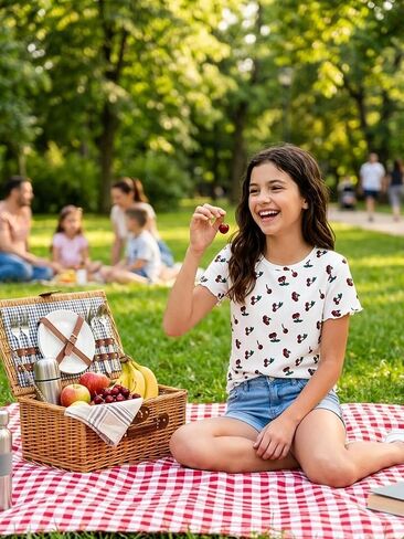 Girls Cherry Print T‑Shirt Cute Summer Top, Ribbed Knit Tee for Kids 7‑14Y, Short Sleeve Fashion Casual Everyday in Saudi Arabia