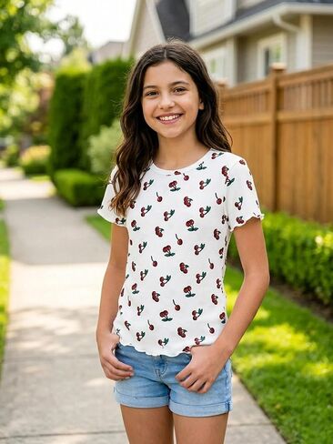 Girls Cherry Print T‑Shirt Cute Summer Top, Ribbed Knit Tee for Kids 7‑14Y, Short Sleeve Fashion Casual Everyday in Saudi Arabia