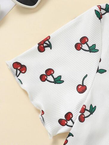 Girls Cherry Print T‑Shirt Cute Summer Top, Ribbed Knit Tee for Kids 7‑14Y, Short Sleeve Fashion Casual Everyday in Saudi Arabia