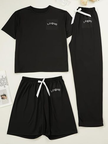 3-Piece Women's Pajama Set, Short-Sleeve Pajama Set, Rhinestone-Embellished Pajama Set, Soft Pajamas with Pockets in Kuwait