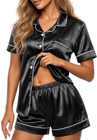 HONGTEYA Pajamas for Women Set Silk Satin 2 Piece Pjs Notch Collar Lounge Matching Summer Button Down Shirt with Shorts in Saudi Arabia