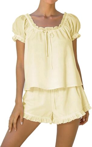Womens Ruffle 2 Piece Set Fashion Puff sleeves Tops and Shorts Set Cotton Pajama Sets in Saudi Arabia