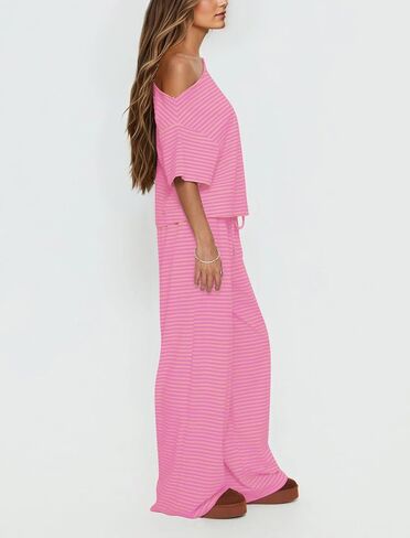 MISSACTIVER Women’s 2 Piece Striped Lounge Set Comfy Off Shoulder Shirts Drawstring Pants Matching Pajama Set Pj Hot Pink in Kuwait