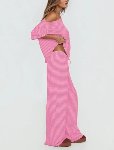 MISSACTIVER Women’s 2 Piece Striped Lounge Set Comfy Off Shoulder Shirts Drawstring Pants Matching Pajama Set Pj Hot Pink in Kuwait