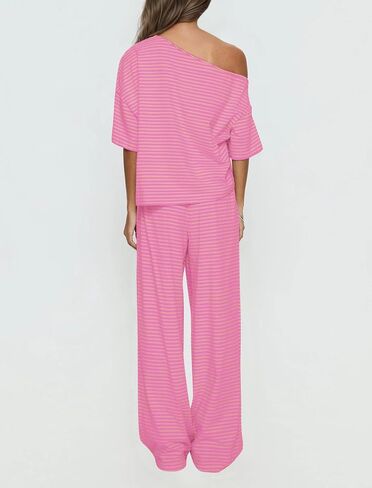 MISSACTIVER Women’s 2 Piece Striped Lounge Set Comfy Off Shoulder Shirts Drawstring Pants Matching Pajama Set Pj Hot Pink in Kuwait