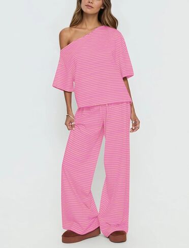 MISSACTIVER Women’s 2 Piece Striped Lounge Set Comfy Off Shoulder Shirts Drawstring Pants Matching Pajama Set Pj Hot Pink in Kuwait
