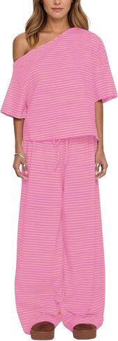 MISSACTIVER Women’s 2 Piece Striped Lounge Set Comfy Off Shoulder Shirts Drawstring Pants Matching Pajama Set Pj Hot Pink in Kuwait