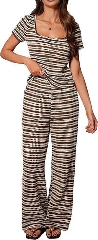 OYOANGLE Women's Pajama Sets Lounge Set Striped Knit Short Sleeve Top and Pants Pjs 2 Piece Sleepwear in Kuwait