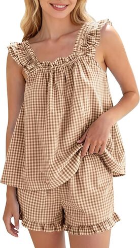 COZYPOIN Womens Gingham Pajamas Set 2 Piece Plaid Cotton Sleepwear Cute Sexy Ruffle Cami and Shorts Summer Outfits Bridal Pjs in Saudi Arabia