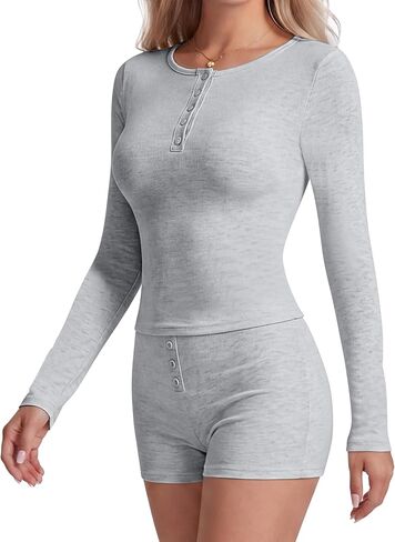Sunzel Women's Henley Soft Knit Loungewear Set Pajamas Long Sleeve Top with Button Details Mid-Rise Shorts 2 Piece Outfit in Kuwait