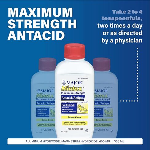 مضاد الحموضة/مضاد الغازات من MAJOR Mintox ذو القوة القصوى للتخفيف السريع من حرقة المعدة وعسر الهضم الحمضي والضغط والانتفاخ - كريم الليمون - 12 أونصة سائلة (355 مل) (عبوة واحدة) in Kuwait