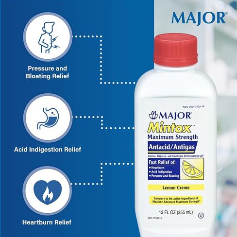 مضاد الحموضة/مضاد الغازات من MAJOR Mintox ذو القوة القصوى للتخفيف السريع من حرقة المعدة وعسر الهضم الحمضي والضغط والانتفاخ - كريم الليمون - 12 أونصة سائلة (355 مل) (عبوة واحدة) in Kuwait