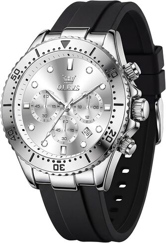 OLEVS Men's Watches Sport Chronograph Analog Quartz Watch for Men with Date Waterproof Dress Casual Fashion Watch Soft Silicone Rubber Strap Band, Unidirectional Bezel & 42mm Big Face in Kuwait