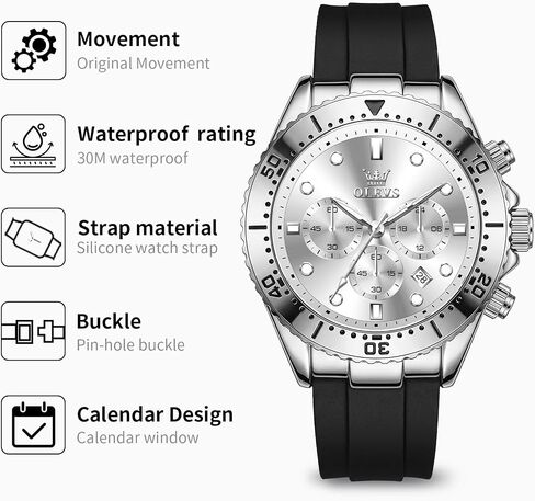 OLEVS Men's Watches Sport Chronograph Analog Quartz Watch for Men with Date Waterproof Dress Casual Fashion Watch Soft Silicone Rubber Strap Band, Unidirectional Bezel & 42mm Big Face in Kuwait