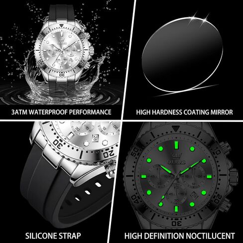 OLEVS Men's Watches Sport Chronograph Analog Quartz Watch for Men with Date Waterproof Dress Casual Fashion Watch Soft Silicone Rubber Strap Band, Unidirectional Bezel & 42mm Big Face in Kuwait