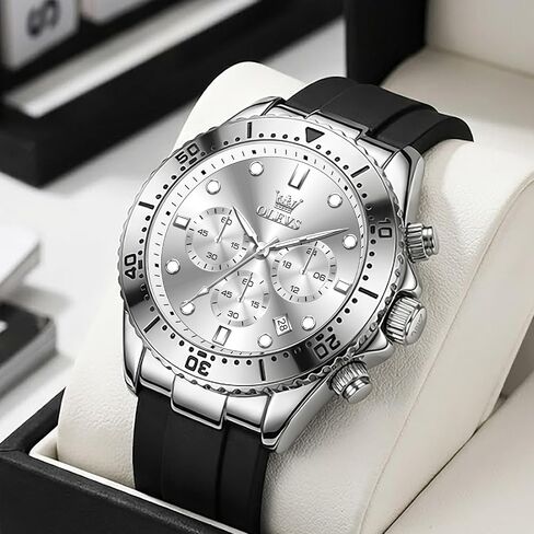 OLEVS Men's Watches Sport Chronograph Analog Quartz Watch for Men with Date Waterproof Dress Casual Fashion Watch Soft Silicone Rubber Strap Band, Unidirectional Bezel & 42mm Big Face in Kuwait
