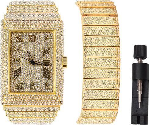 Men's Hip Hop Fashion Gold Plated Iced Bling Out Heavy Dial Luxury Rectangle Case Roman Numerals Quartz Analog Watch, Matching CZ Diamond Matching Bracelet Set, Gift Box in Saudi Arabia