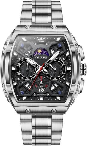 ساعات OLEVS للرجال فاخرة كبيرة مربعة الوجه كرونوغراف مرحلة القمر بحزام من الفولاذ المقاوم للصدأ للرجال ساعات مستطيلة مقاومة للماء تناظرية كوارتز ساعة معصم - (أسود/فضي/أزرق) in Kuwait