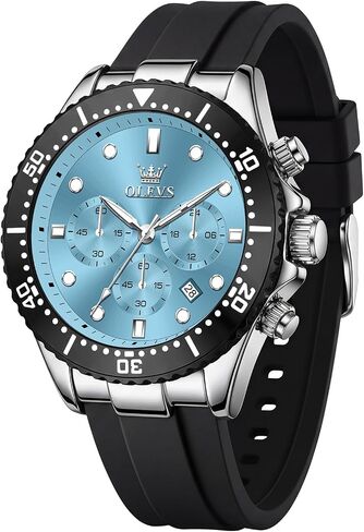 OLEVS Men's Watches Sport Chronograph Analog Quartz Watch for Men with Date Waterproof Dress Casual Fashion Watch Soft Silicone Rubber Strap Band, Unidirectional Bezel & 42mm Big Face in Kuwait