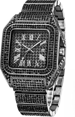 Fashion Hip Hop Men’s Crystal Watch, Bling Bling Rectangle Case Gift Box Included in Saudi Arabia