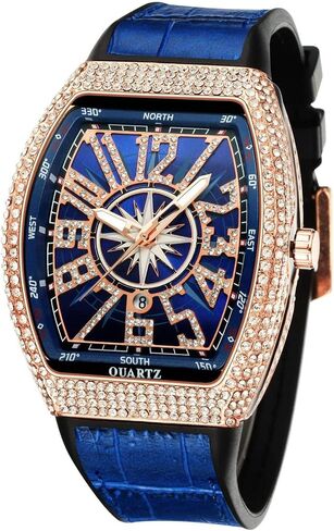 Fashion Hip Hop Men’s Crystal Watch, Bling Bling Rectangle Case Gift Box Included in Saudi Arabia