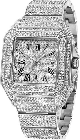 Fashion Hip Hop Men’s Crystal Watch, Bling Bling Rectangle Case Gift Box Included in Saudi Arabia