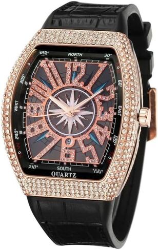 Fashion Hip Hop Men’s Crystal Watch, Bling Bling Rectangle Case Gift Box Included in Saudi Arabia
