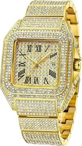 Fashion Hip Hop Men’s Crystal Watch, Bling Bling Rectangle Case Gift Box Included in Saudi Arabia