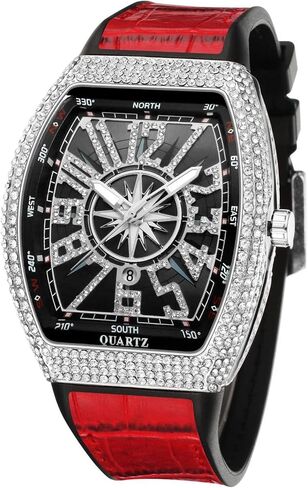 Fashion Hip Hop Men’s Crystal Watch, Bling Bling Rectangle Case Gift Box Included in Saudi Arabia
