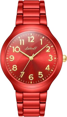 Letoff Red Women's Watch with Gold Arabic Numerals, Interchangeable Metal Strap (No Tools Needed), Bold Fashion Timepiece Water Resistant 100ft in Saudi Arabia