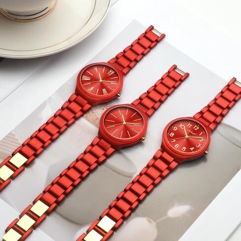 Letoff Red Women's Watch with Gold Arabic Numerals, Interchangeable Metal Strap (No Tools Needed), Bold Fashion Timepiece Water Resistant 100ft in Saudi Arabia