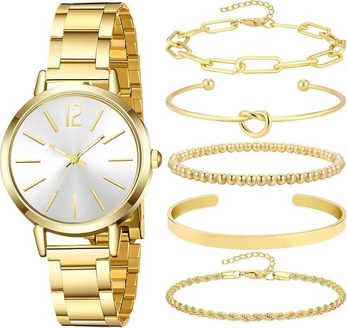 NEWITIN 6 Pieces Women Gold Watch Bracelets Set Fashion Costume Jewelry Gold Plated Round Wristwatch Stackable Bangle Bracelet Watch Jewelry Set for Women in Kuwait