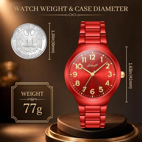 Letoff Red Women's Watch with Gold Arabic Numerals, Interchangeable Metal Strap (No Tools Needed), Bold Fashion Timepiece Water Resistant 100ft in Saudi Arabia