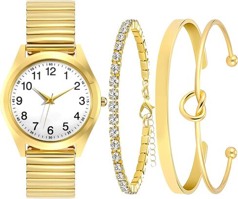 NEWITIN 6 Pieces Women Gold Watch Bracelets Set Fashion Costume Jewelry Gold Plated Round Wristwatch Stackable Bangle Bracelet Watch Jewelry Set for Women in Kuwait