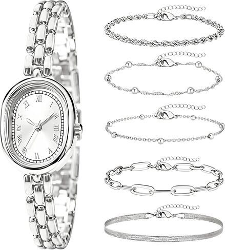NEWITIN 6 Pieces Women Gold Watch Bracelets Set Fashion Costume Jewelry Gold Plated Round Wristwatch Stackable Bangle Bracelet Watch Jewelry Set for Women in Kuwait