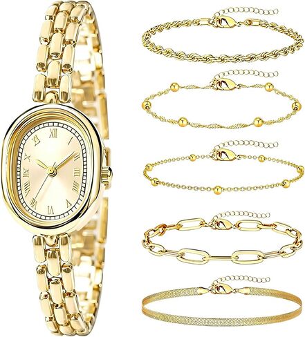 NEWITIN 6 Pieces Women Gold Watch Bracelets Set Fashion Costume Jewelry Gold Plated Round Wristwatch Stackable Bangle Bracelet Watch Jewelry Set for Women in Kuwait