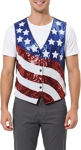 American Flag Sparkly Sequin Button Down Vest for Men Women 4th of July Patriotic Top V Neck Sleeveless Shirt Costume One Size in Saudi Arabia
