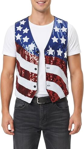 American Flag Sparkly Sequin Button Down Vest for Men Women 4th of July Patriotic Top V Neck Sleeveless Shirt Costume One Size in Saudi Arabia