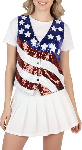 American Flag Sparkly Sequin Button Down Vest for Men Women 4th of July Patriotic Top V Neck Sleeveless Shirt Costume One Size in Saudi Arabia