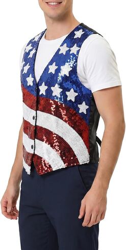 American Flag Sparkly Sequin Button Down Vest for Men Women 4th of July Patriotic Top V Neck Sleeveless Shirt Costume One Size in Saudi Arabia
