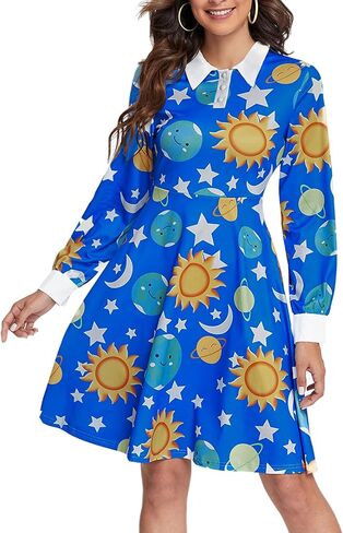 Womens Long Sleeves Peter Pan Collar Aline Fit and Flare Midi Dresses for Spring,Summer,Fall in Saudi Arabia