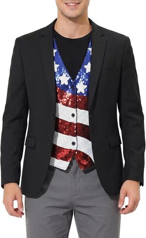 American Flag Sparkly Sequin Button Down Vest for Men Women 4th of July Patriotic Top V Neck Sleeveless Shirt Costume One Size in Saudi Arabia